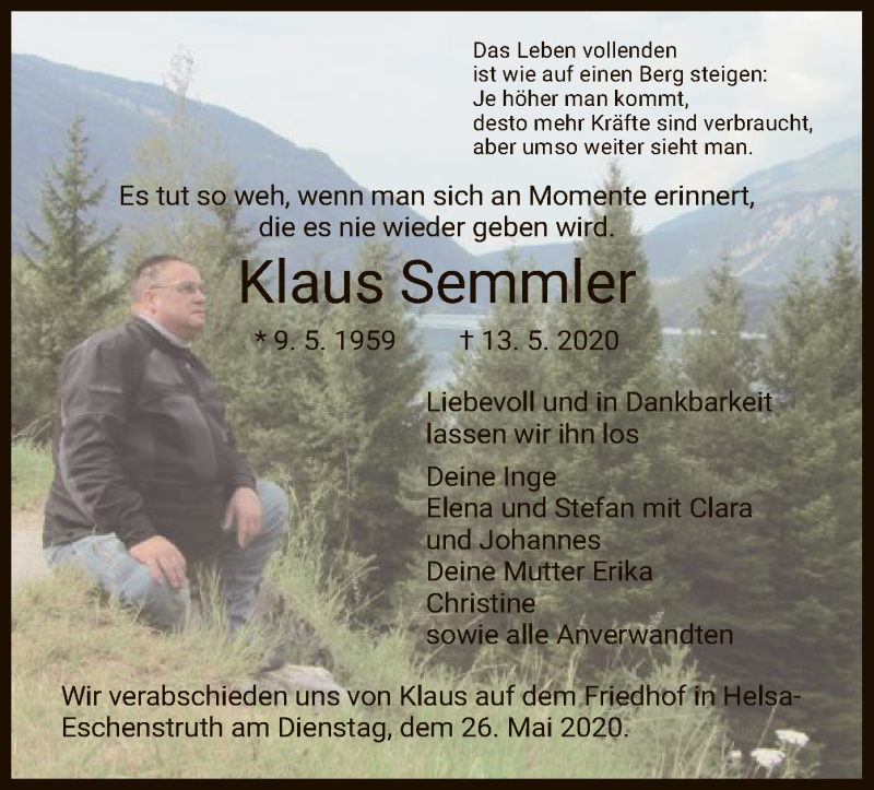  Traueranzeige für Klaus Semmler vom 23.05.2020 aus HNA