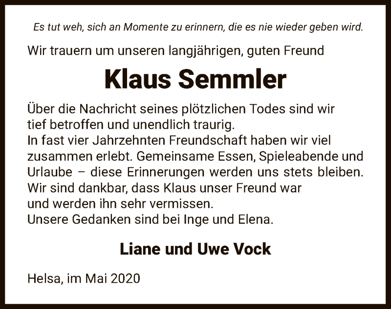  Traueranzeige für Klaus Semmler vom 23.05.2020 aus HNA