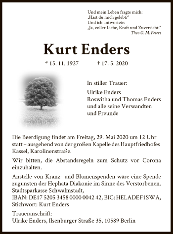 Traueranzeige von Kurt Enders von HNA