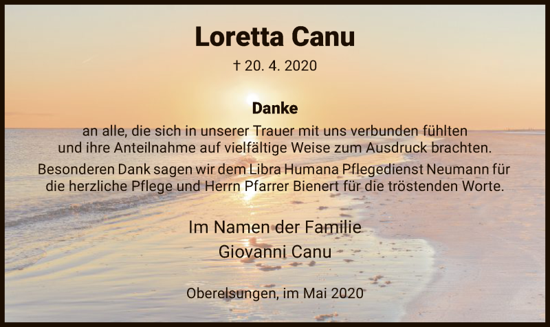  Traueranzeige für Loretta Canu vom 23.05.2020 aus HNA