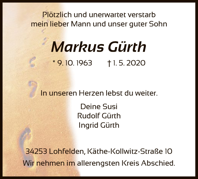  Traueranzeige für Markus Gürth vom 05.05.2020 aus HNA