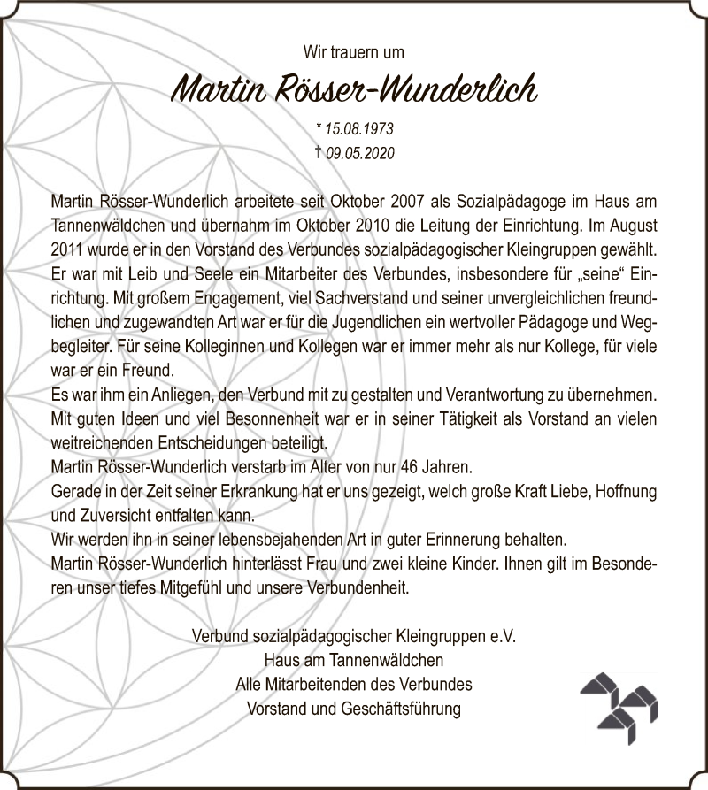  Traueranzeige für Martin Rösser-Wunderlich vom 16.05.2020 aus HNA