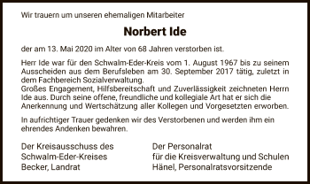 Traueranzeige von Norbert Ide von HNA