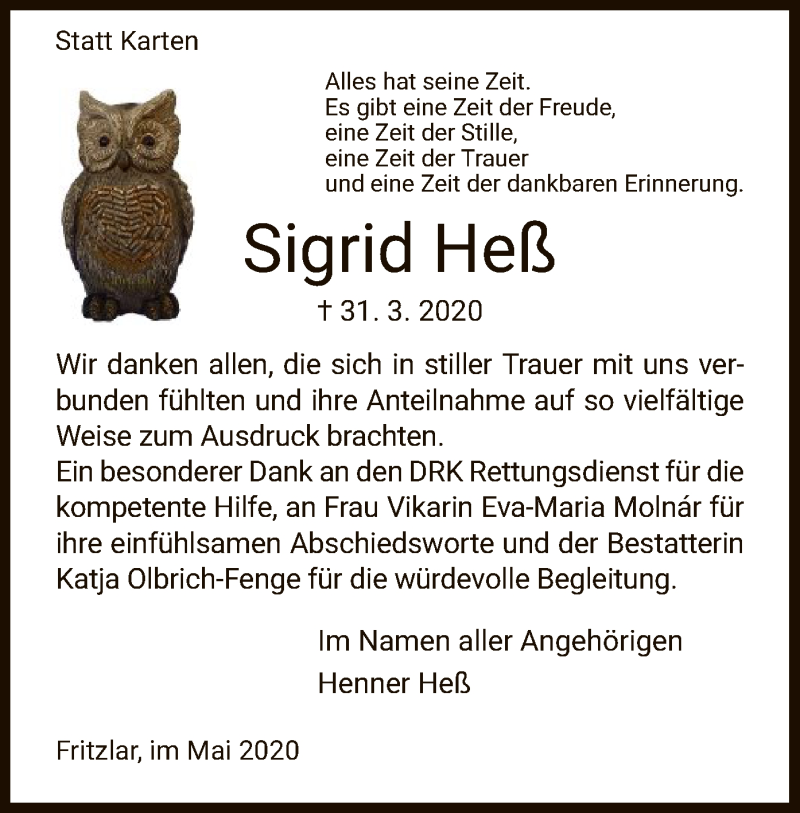  Traueranzeige für Sigrid Heß vom 13.05.2020 aus HNA