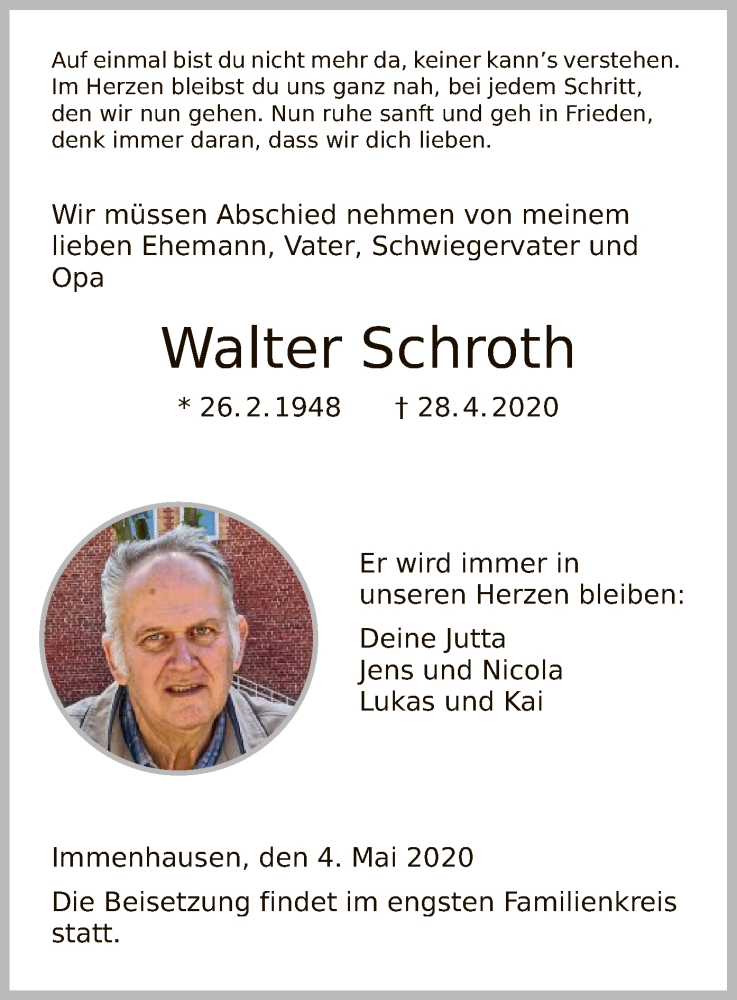  Traueranzeige für Walter Schroth vom 04.05.2020 aus HNA