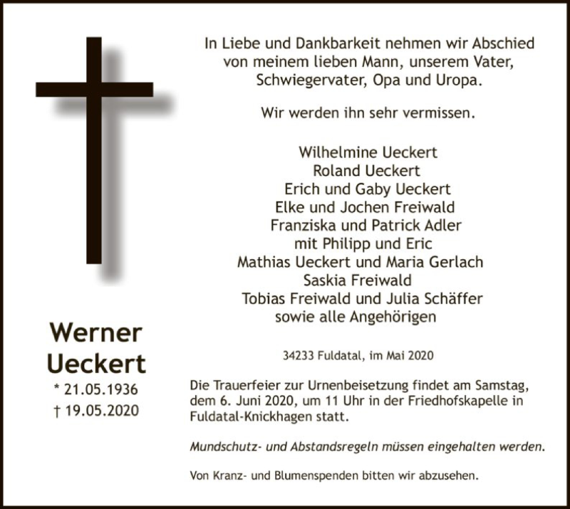 Traueranzeige für Werner Ueckert vom 30.05.2020 aus HNA