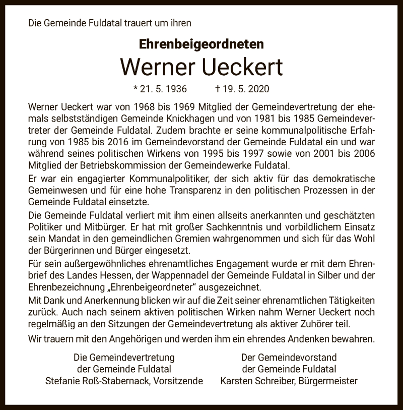  Traueranzeige für Werner Ueckert vom 30.05.2020 aus HNA