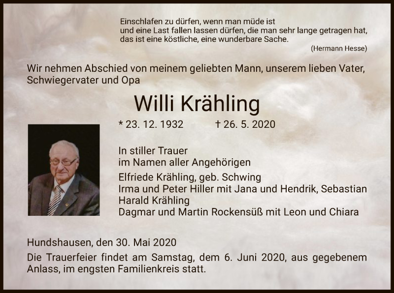  Traueranzeige für Willi Krähling vom 30.05.2020 aus HNA