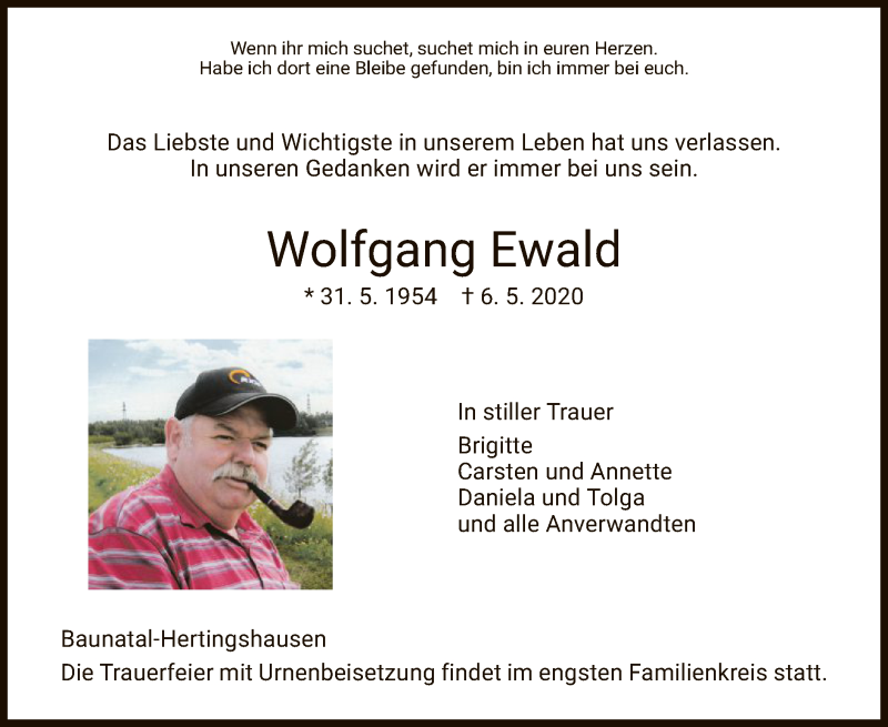  Traueranzeige für Wolfgang Ewald vom 26.05.2020 aus HNA