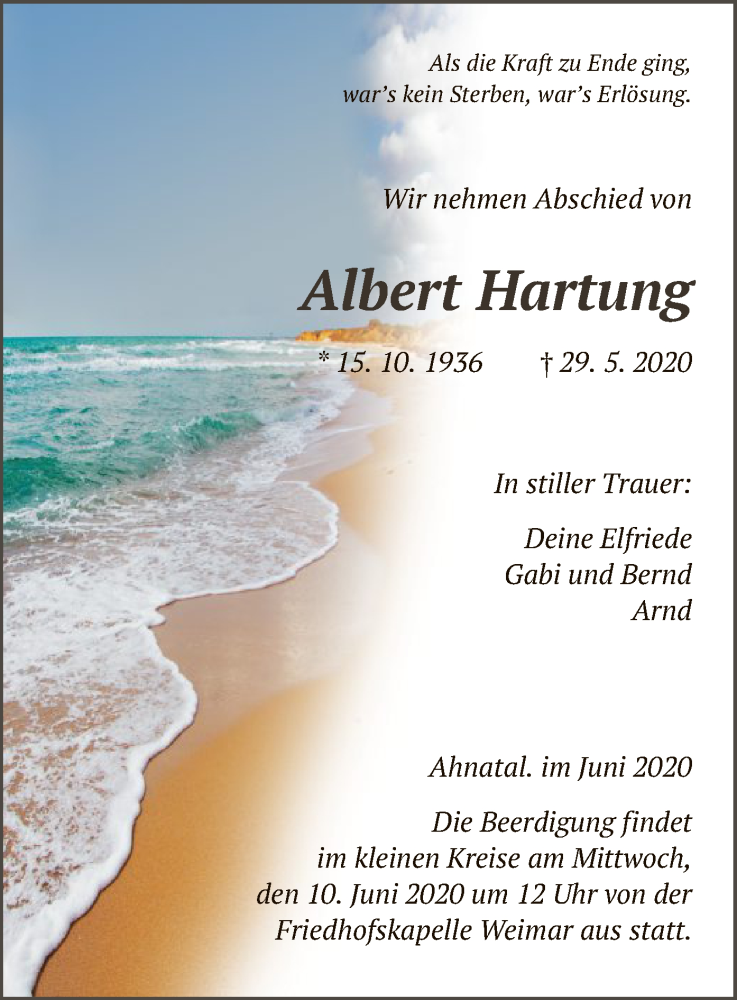  Traueranzeige für Albert Hartung vom 05.06.2020 aus HNA