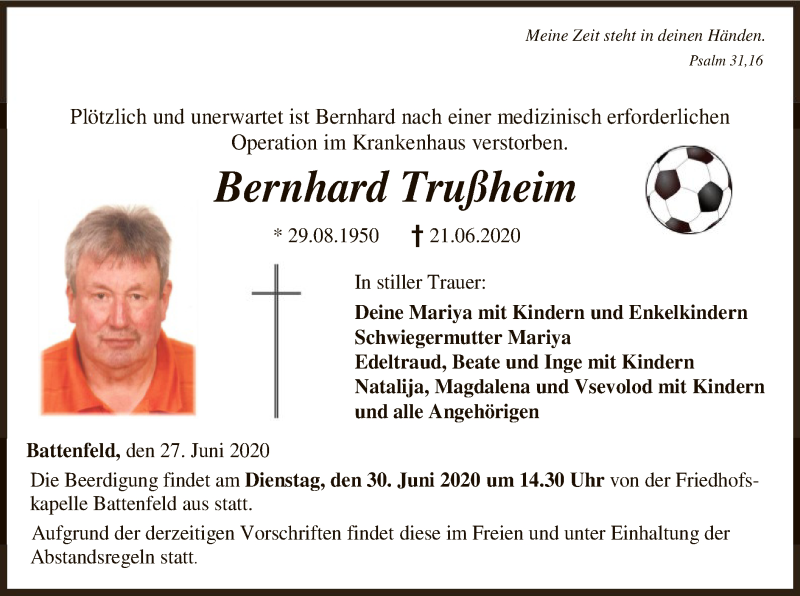  Traueranzeige für Bernhard Trußheim vom 27.06.2020 aus HNA