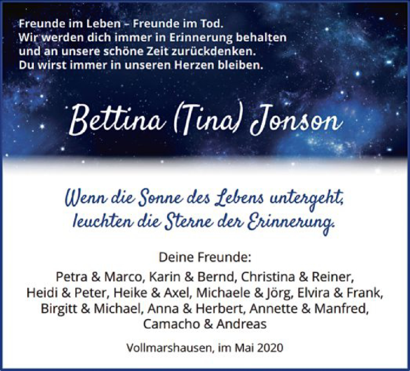  Traueranzeige für Bettina Jonson vom 02.06.2020 aus HNA