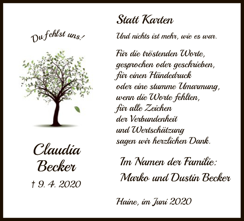 Traueranzeige für Claudia Becker vom 19.06.2020 aus HNA