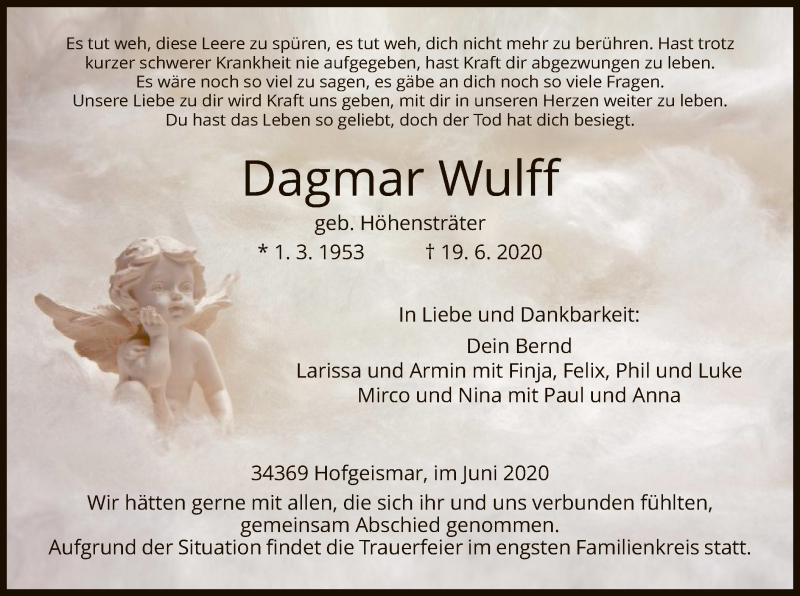  Traueranzeige für Dagmar Wulff vom 23.06.2020 aus HNA