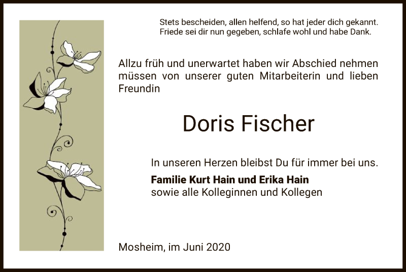  Traueranzeige für Doris Fischer vom 23.06.2020 aus HNA