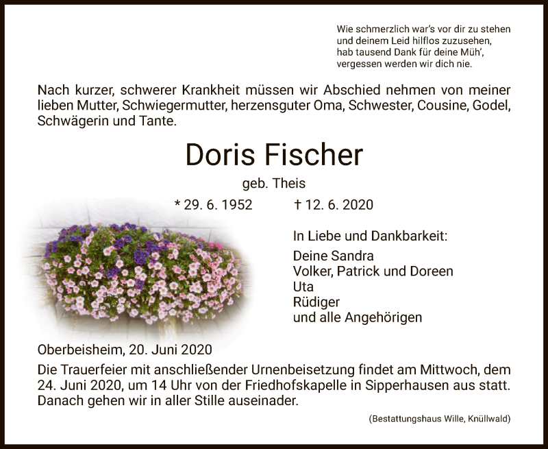  Traueranzeige für Doris Fischer vom 20.06.2020 aus HNA