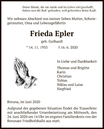 Traueranzeige von Frieda Epler von HNA