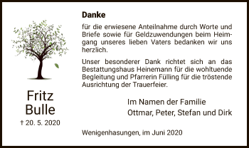 Traueranzeige von Fritz Bulle von HNA