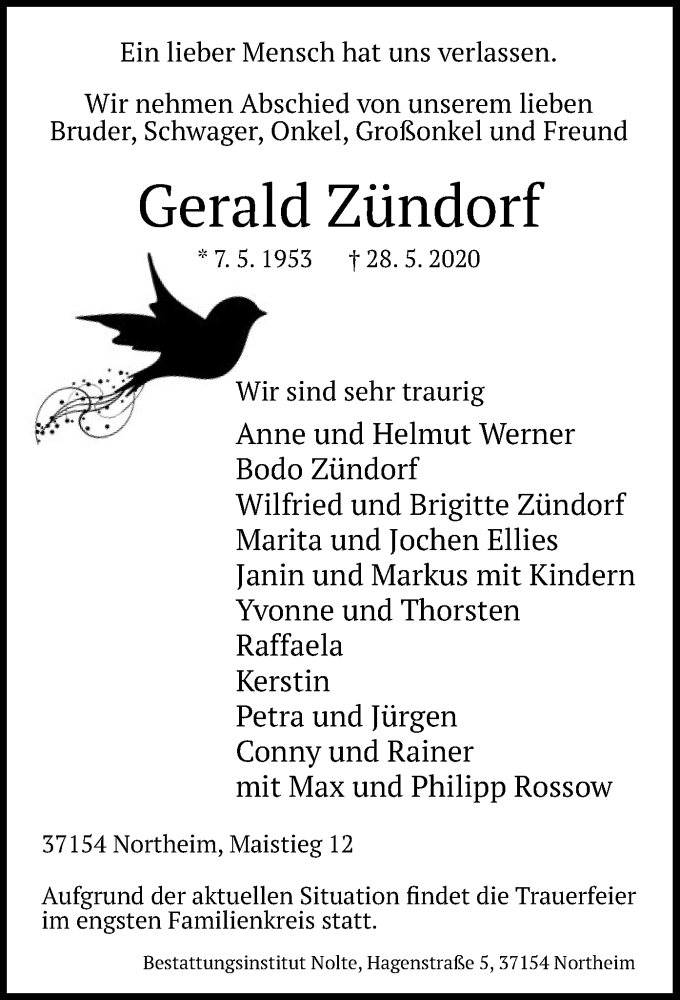 Traueranzeige für Gerald Zündorf vom 06.06.2020 aus HNA