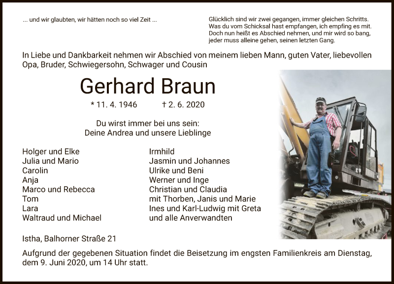  Traueranzeige für Gerhard Braun vom 06.06.2020 aus HNA