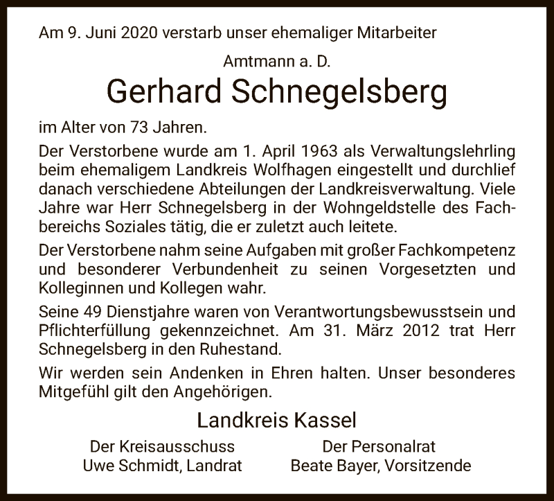  Traueranzeige für Gerhard Schnegelsberg vom 17.06.2020 aus HNA