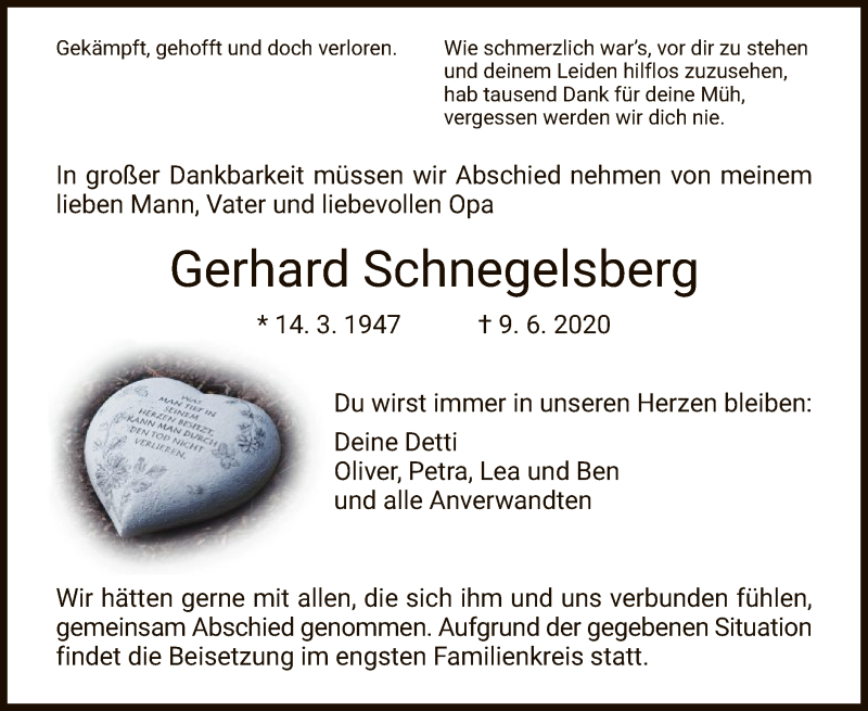  Traueranzeige für Gerhard Schnegelsberg vom 13.06.2020 aus HNA