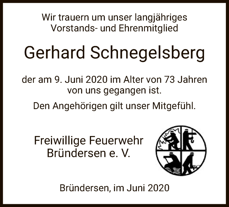  Traueranzeige für Gerhard Schnegelsberg vom 18.06.2020 aus HNA