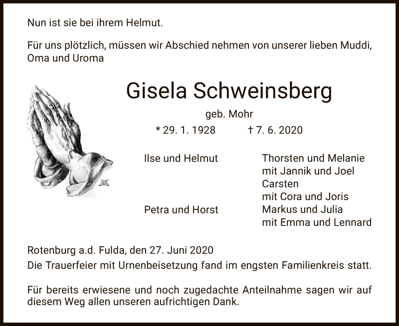  Traueranzeige für Gisela Schweinsberg vom 27.06.2020 aus HNA