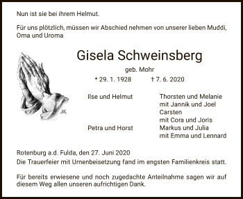 Traueranzeige von Gisela Schweinsberg von HNA