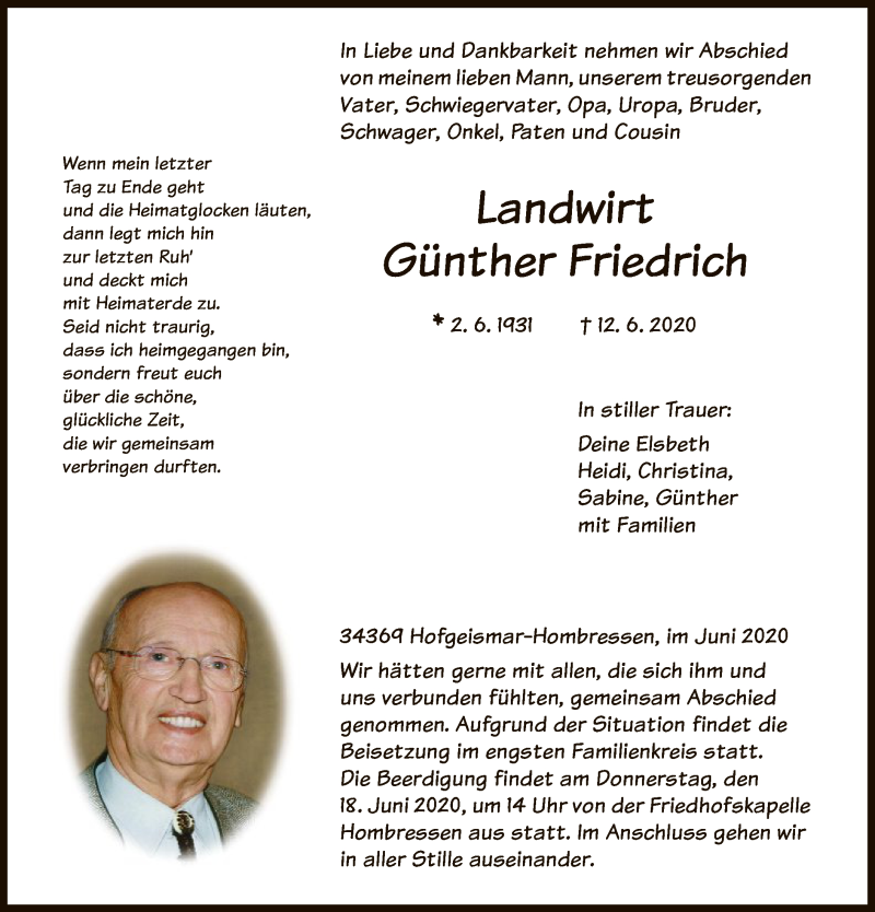  Traueranzeige für Günther Friedrich vom 16.06.2020 aus HNA