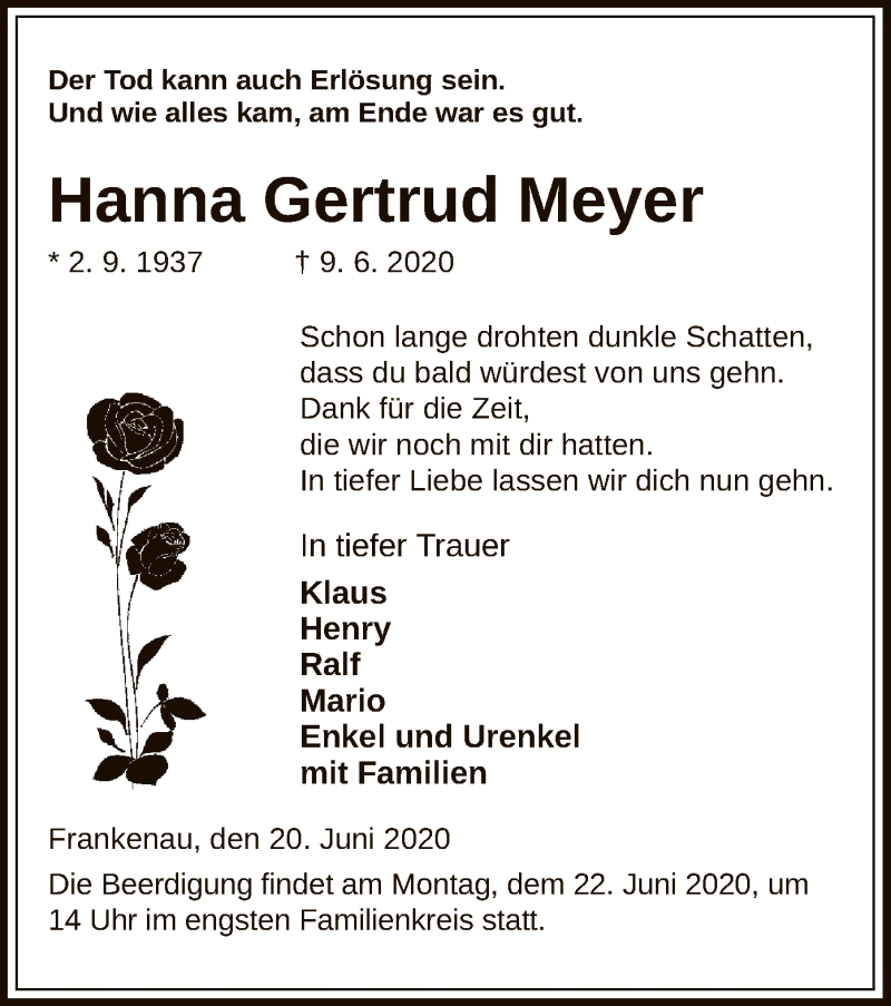  Traueranzeige für Hanna Gertrud Meyer vom 20.06.2020 aus HNA