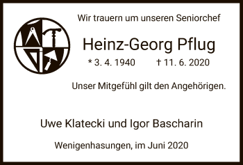 Traueranzeige von Heinz-Georg Pflug von HNA