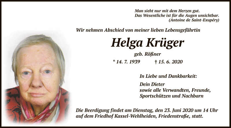  Traueranzeige für Helga Krüger vom 20.06.2020 aus HNA