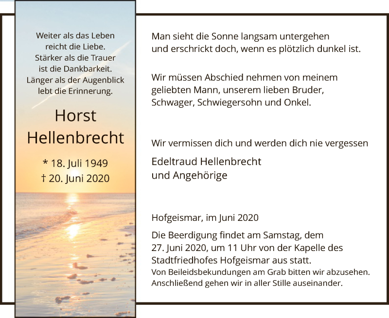  Traueranzeige für Horst Hellenbrecht vom 25.06.2020 aus HNA