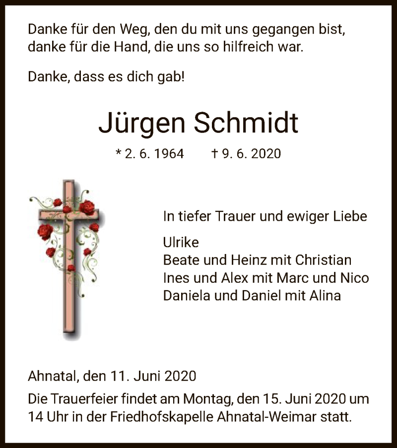  Traueranzeige für Jürgen Schmidt vom 11.06.2020 aus HNA