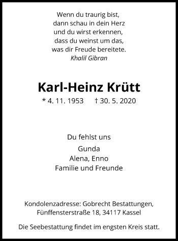 Traueranzeige von Karl-Heinz Krütt von HNA