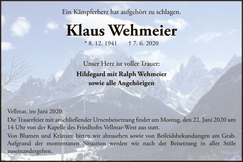  Traueranzeige für Klaus Wehmeier vom 20.06.2020 aus HNA