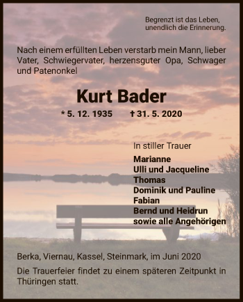 Traueranzeige von Kurt Bader von HNA
