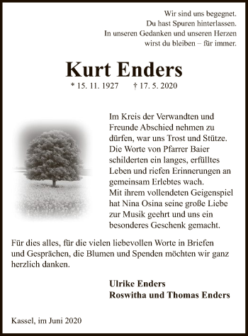 Traueranzeige von Kurt Enders von HNA