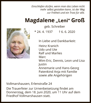 Traueranzeigen von Magdalene Groß | Trauer.HNA.de