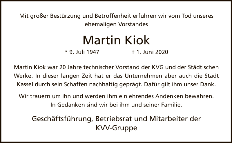  Traueranzeige für Martin Kiok vom 10.06.2020 aus HNA