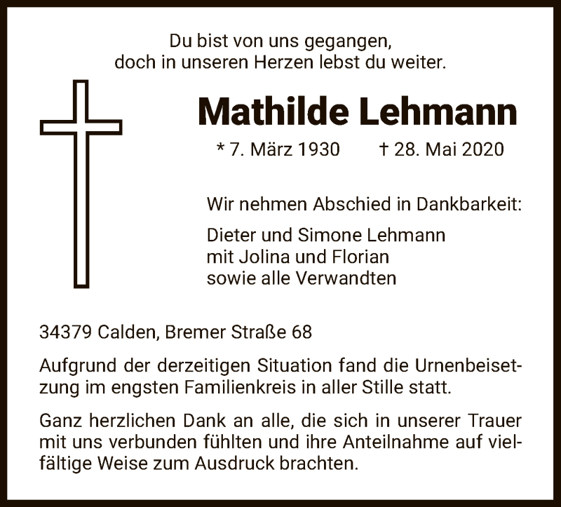  Traueranzeige für Mathilde Lehmann vom 13.06.2020 aus HNA
