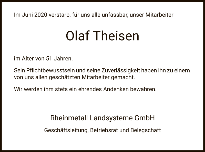 Traueranzeige für Olaf Theisen vom 27.06.2020 aus HNA