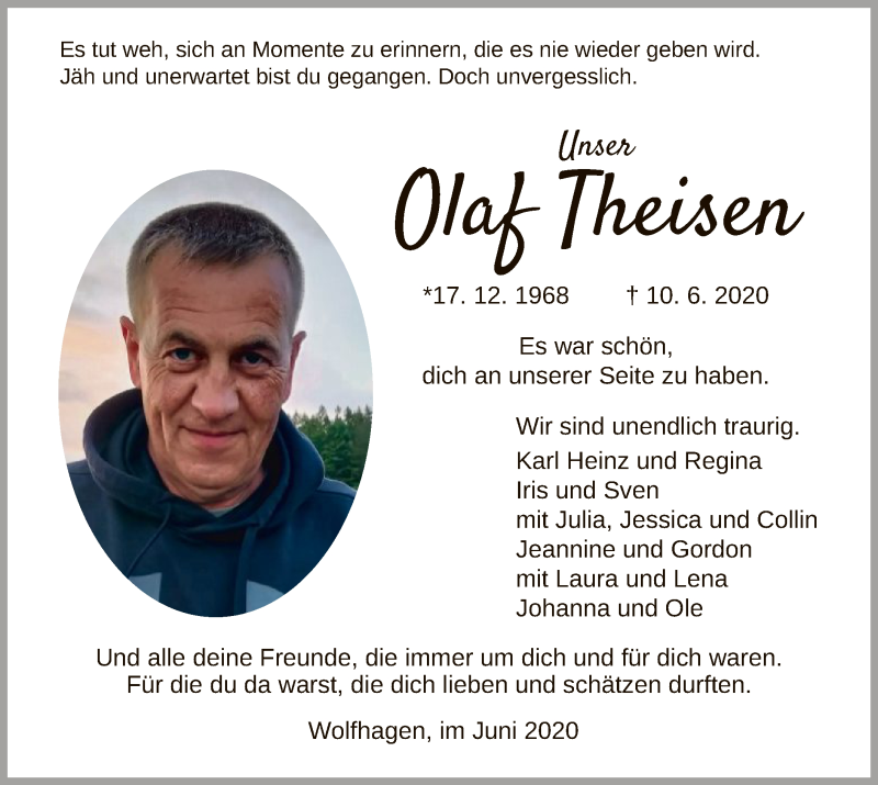  Traueranzeige für Olaf Theisen vom 20.06.2020 aus HNA