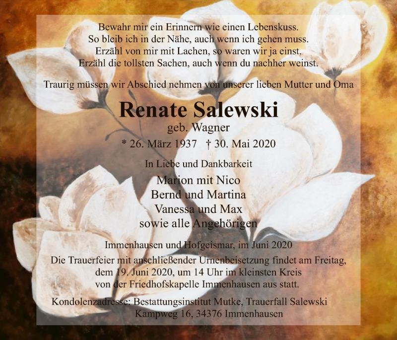  Traueranzeige für Renate Salewski vom 13.06.2020 aus HNA