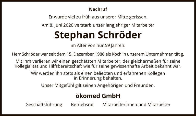  Traueranzeige für Stephan Schröder vom 20.06.2020 aus HNA