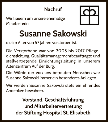 Traueranzeige von Susanne Sakowski von HNA