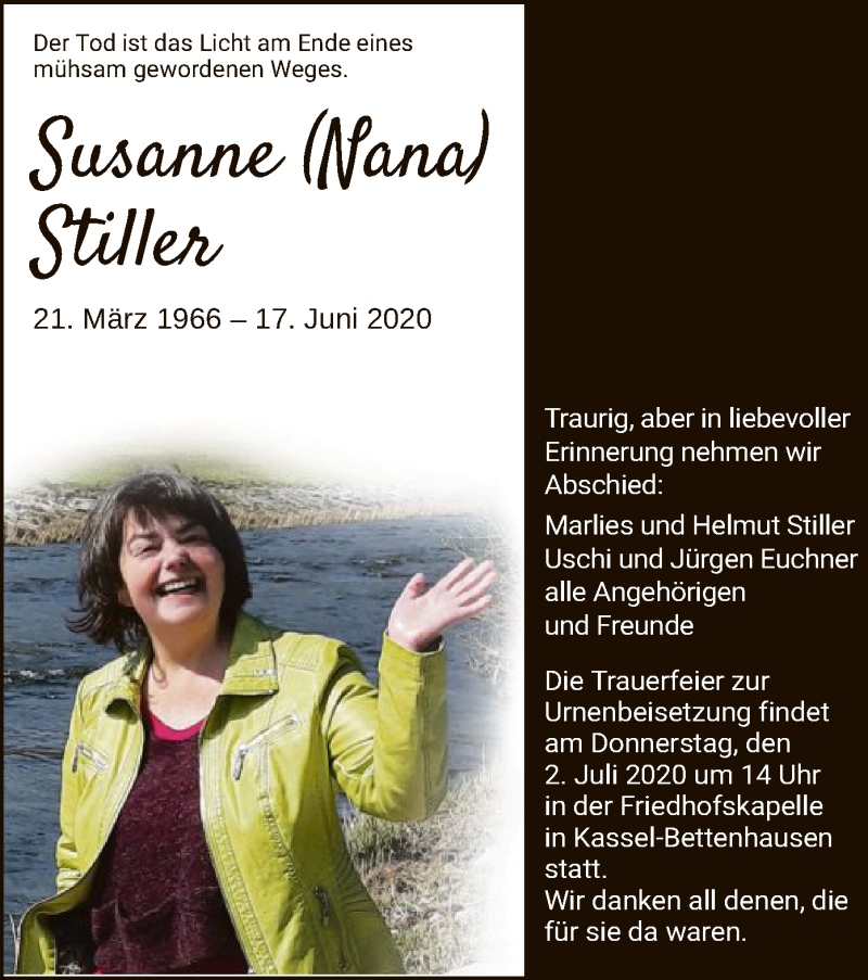  Traueranzeige für Susanne Stiller vom 30.06.2020 aus HNA