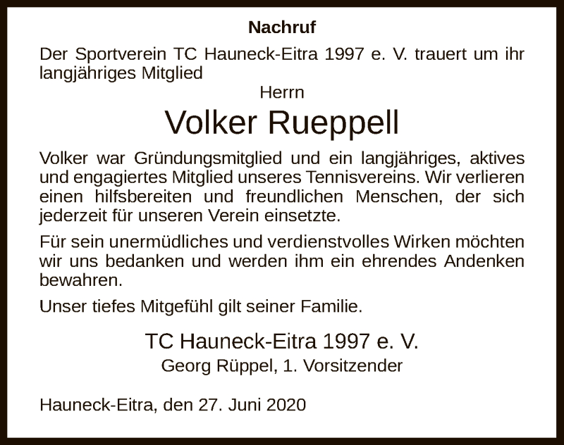  Traueranzeige für Volker Rueppell vom 27.06.2020 aus HNA