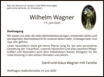Traueranzeige von Wilhelm Wagner von HNA